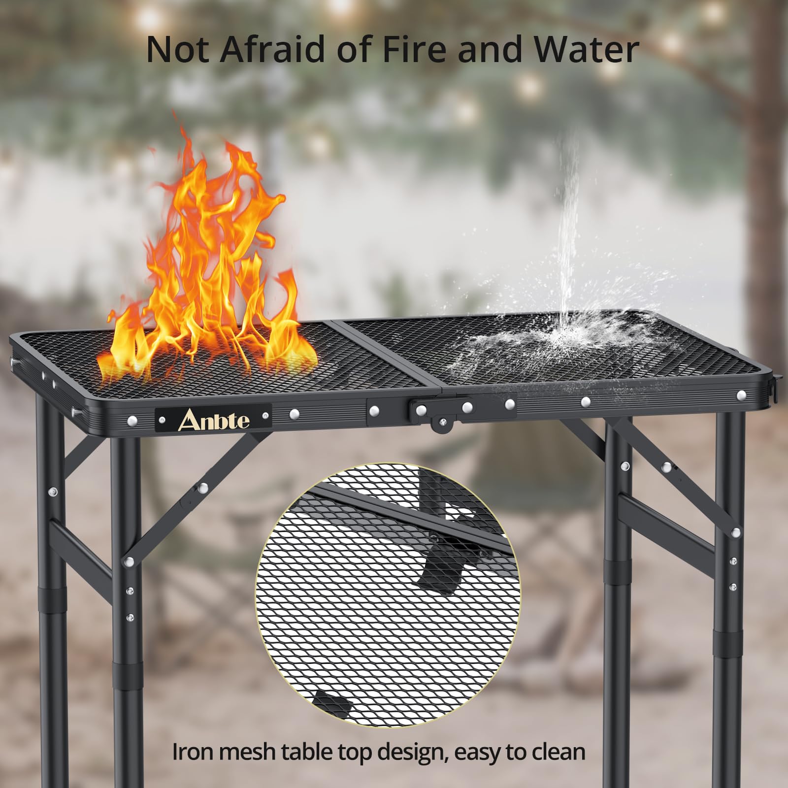 Anbte Folding Grill Table, 3 Adjustable Heights Aluminum Camping Table with Heat-Resistant Mesh Desktop, Lightweight outdoor Table, Portable Handle