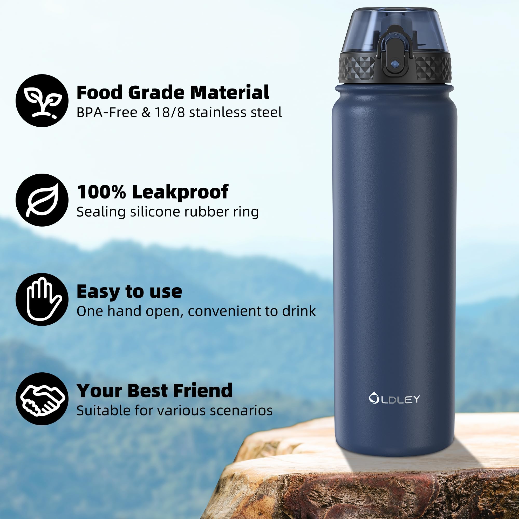 OLDLEY Stainless Steel Water Bottle with Straw 1L Vaccum Insulated Large Drink Flask Metal Water Bottles 1 Litre Leakproof Keep Drinks Hot Cold for Sports Gym with Different Lids(Purple Green, 3 Lids)