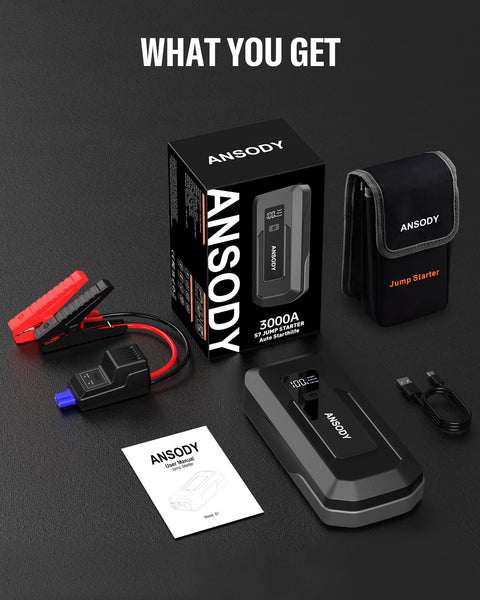 ANSODY Jump Starter Power Pack 3000A (Up to 10.0L Gas,8.0L Diesel), Car Battery Booster Jump Starter with Jump Leads, LED Flashlight, Jump Pack for 12V Vehicles Pickup SUV Motorcycle
