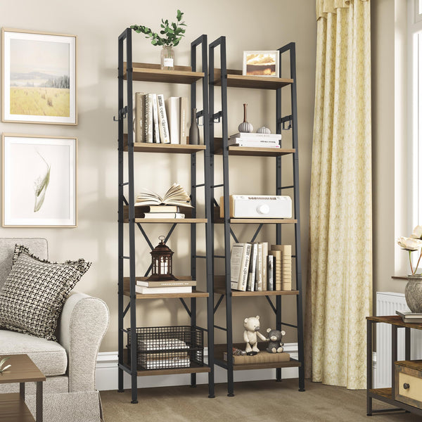 YITAHOME Bookcase 5 Tiers, Industrial Ladder Shelf Floorstanding Book Shelf Wooden Shelves and Metal Frame Book Rack Modern Shelving Unit for Living