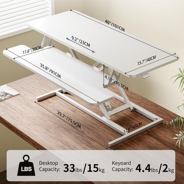 ERGOMAKER Height Adjustable Standing Desk Converter - 101cm (40 Inch) Wide Platform Tabletop Workstation - Quick Sit to Stand Desk Riser for Dual Monitors White