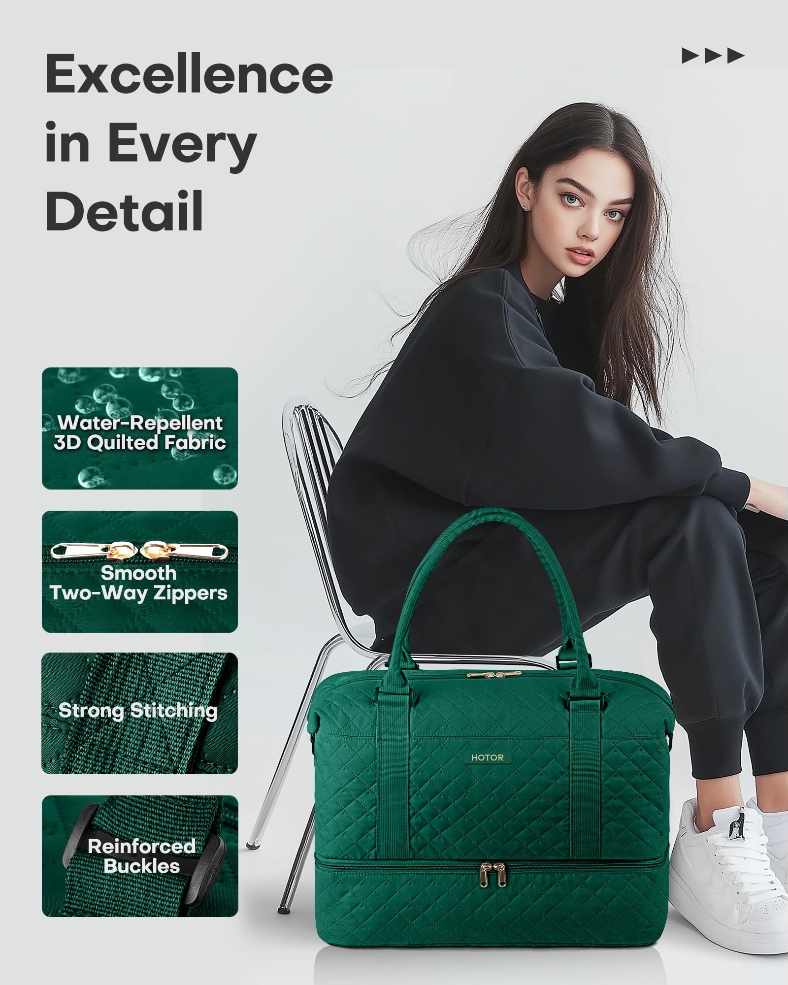 HOTOR Travel Bags for Women - Lightweight Overnight Holdall Bag, Large Carry on Luggage Weekend Bag with Shoe Compartment & Toiletry Bag, Travel Duffel Sport Gym Tote, Black, 34.0 x 45.0 x 20.0 cm