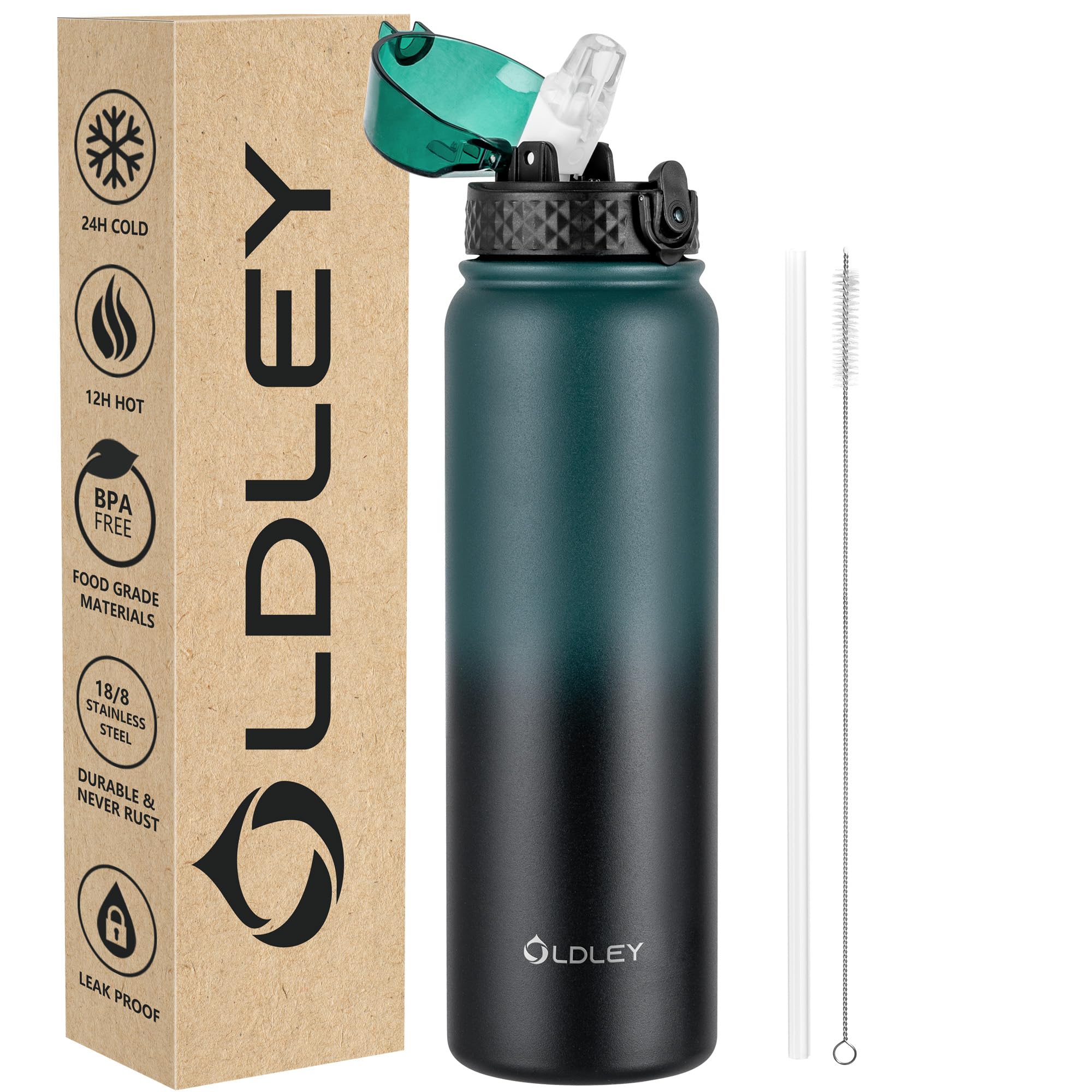 OLDLEY Stainless Steel Water Bottle with Straw 1L Vaccum Insulated Large Drink Flask Metal Water Bottles 1 Litre Leakproof Keep Drinks Hot Cold for Sports Gym with Different Lids(Purple Green, 3 Lids)