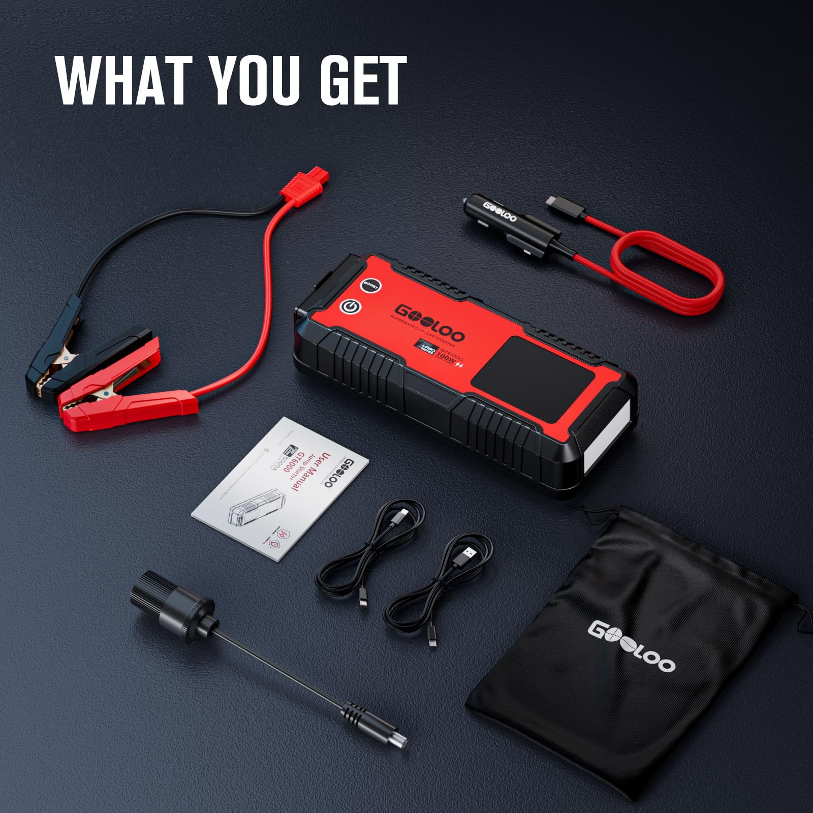 GOOLOO Portable Lithium Jump Starter GE3000 3000A Peak Car Starter for Up to 8.5L Gas or 6L Diesel Engine 12V Car Battery Booster Pack with LCD Screen, Power Bank + LED Flashlight, Type-C Port
