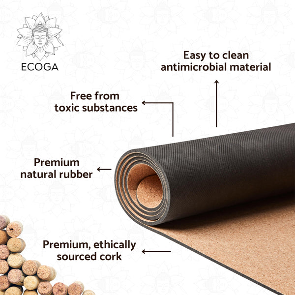 Ecoga Cork Yoga Mat With Alignment Lines - Thick Yoga Mat with Natural Rubber Base - Nonslip, Eco-friendly Pilates Mat for Stretching, Gym Workout &