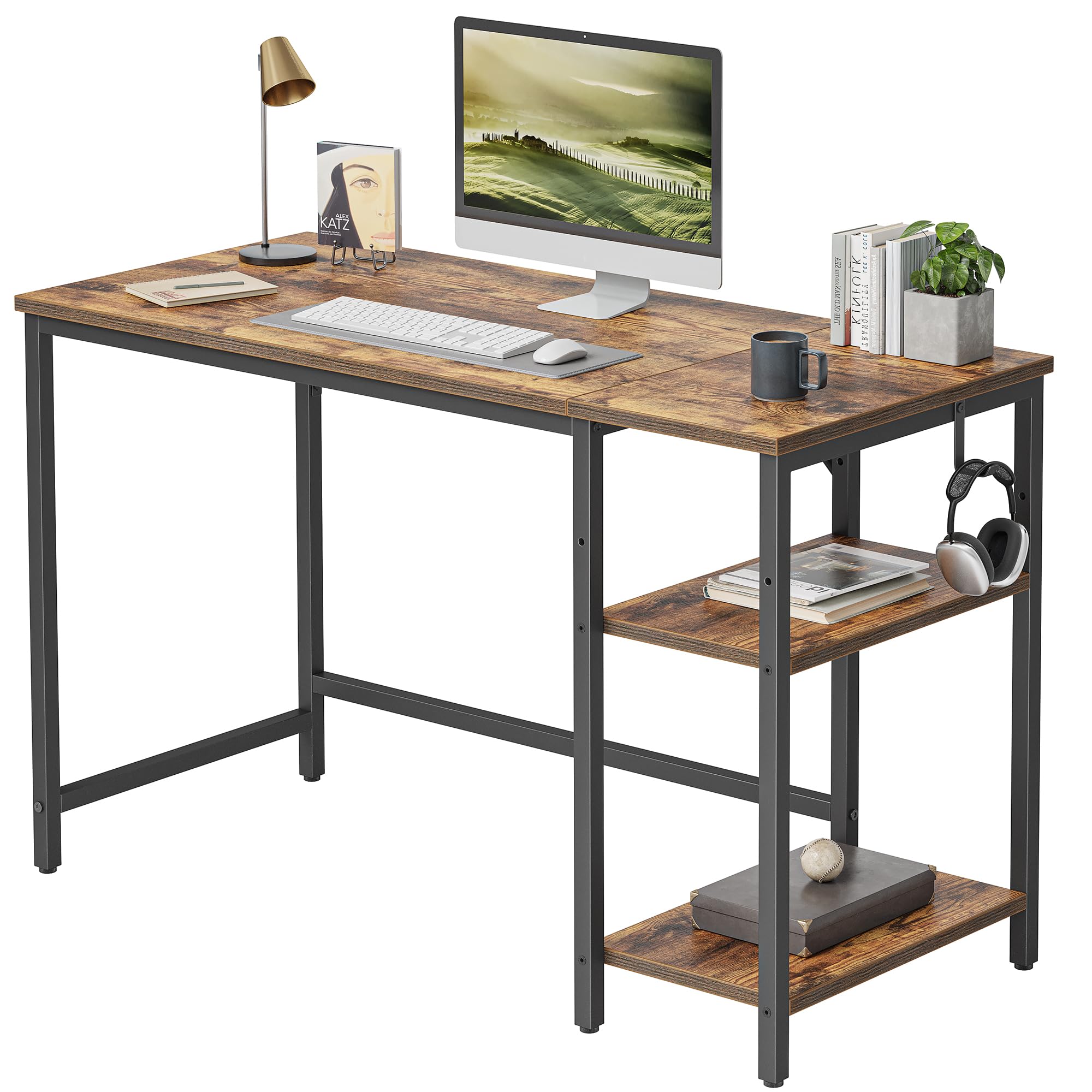 CubiCubi Computer Desk with Monitor Stand and Storage Shelves, 120cm Home Office Desk Study Writing Table, White