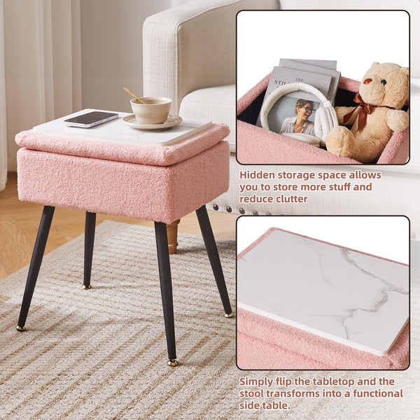 Aibiju Dressing Table Chair with Storage, Faux Teddy Fur Rectangular Bedroom Ottoman Stool with Metal Legs, Makeup Vanity Stool Side Table for Makeup