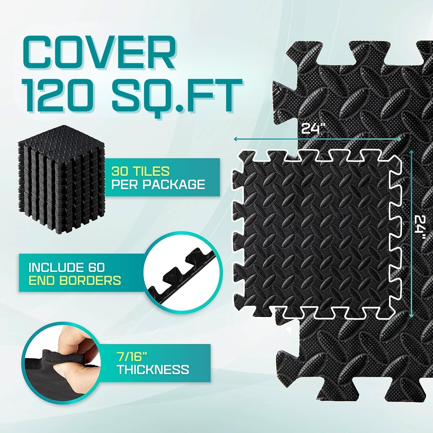Yes4All XPAJ Interlocking Exercise EVA Mat Floor Protector (120 Square Feet - Black - with Border)