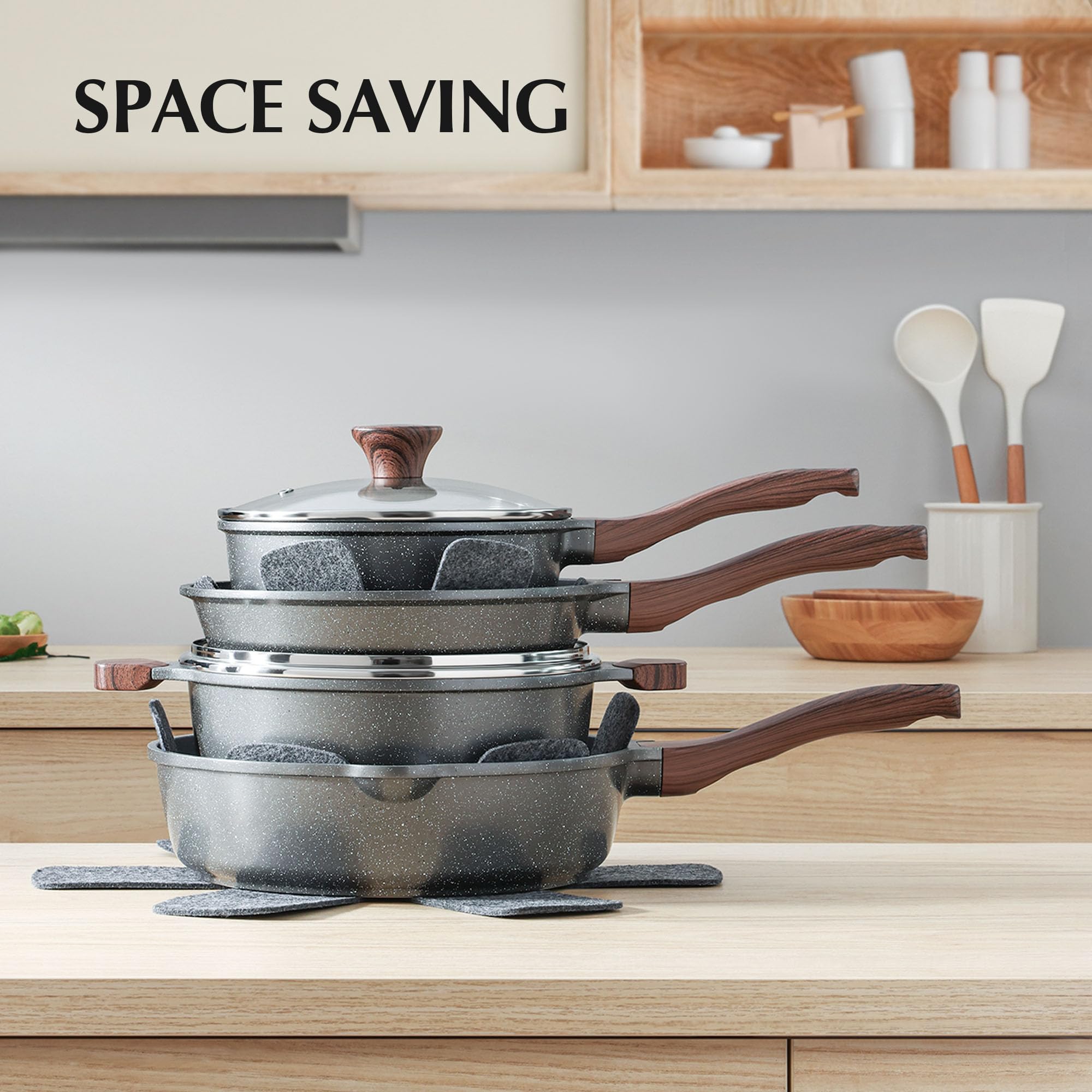 SENSARTE 17 Piece Pots and Pans Set, Nonstick Detachable Handle Cookware, Induction Kitchen Cookware Set with Removable Handle, Healthy Non Stick RV Cookware, Oven Safe (Black)