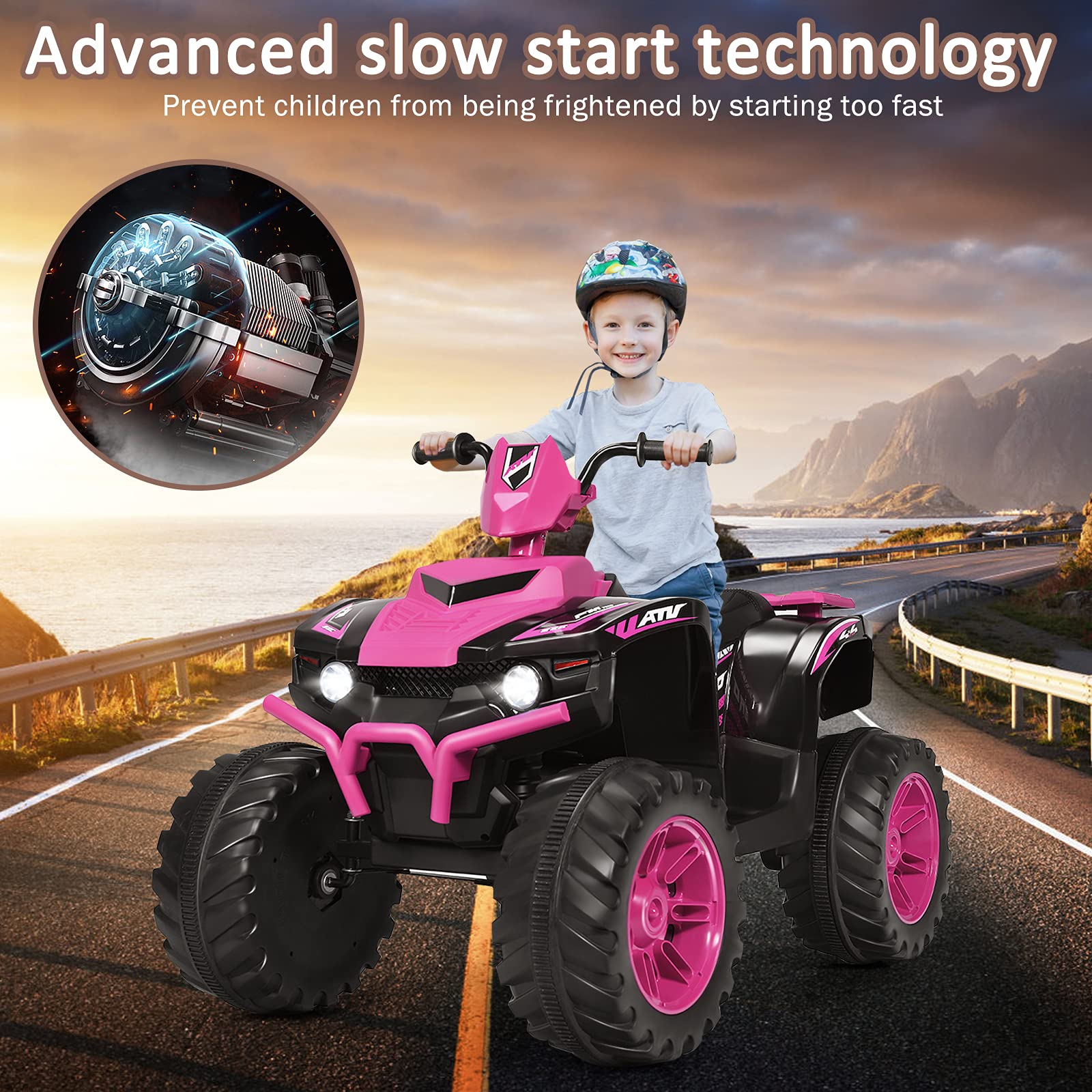 GYMAX Kids Electric Quad Bike, Children Ride On ATV with Bluetooth, Lights, Music, Horn, High/Low Speeds and Slow Start, 12 V Battery Powered Toy Car for 3-7 Years Boys Girls (Blue)