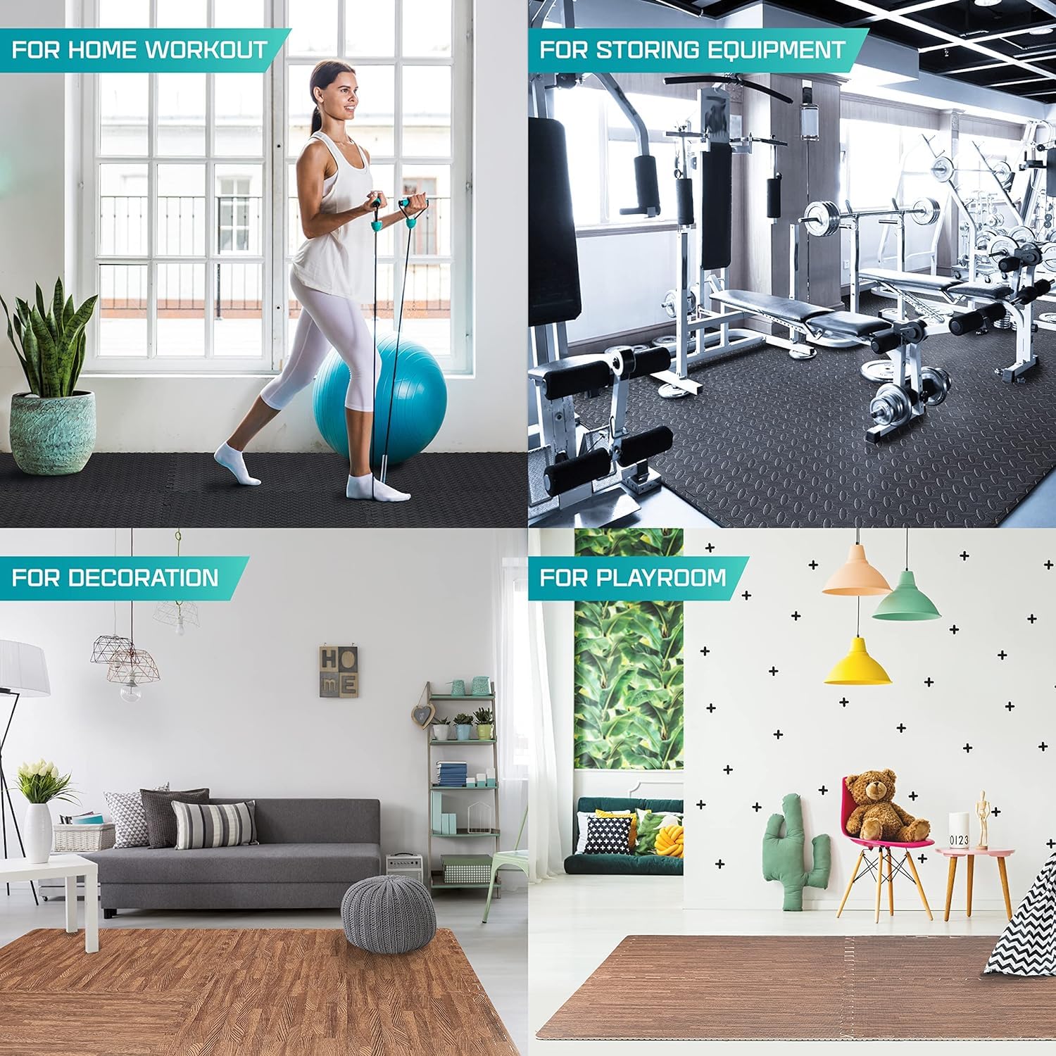 Yes4All XPAJ Interlocking Exercise EVA Mat Floor Protector (120 Square Feet - Black - with Border)