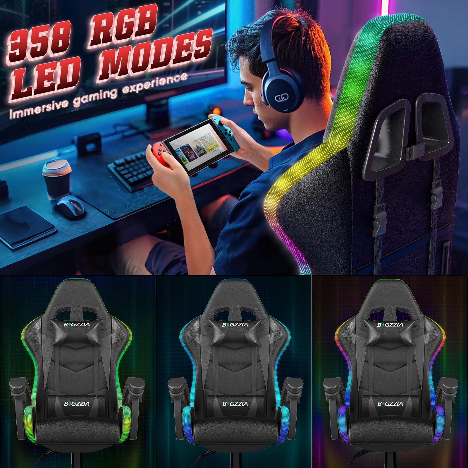bigzzia RGB Gaming Chair with LED Lights and Ergonomic Computer Chair Reclining PU Leather High Back Video Game Chair with Headrest Adjustable Lumbar Support Linkage Armrest for Adults (Black/Grey)