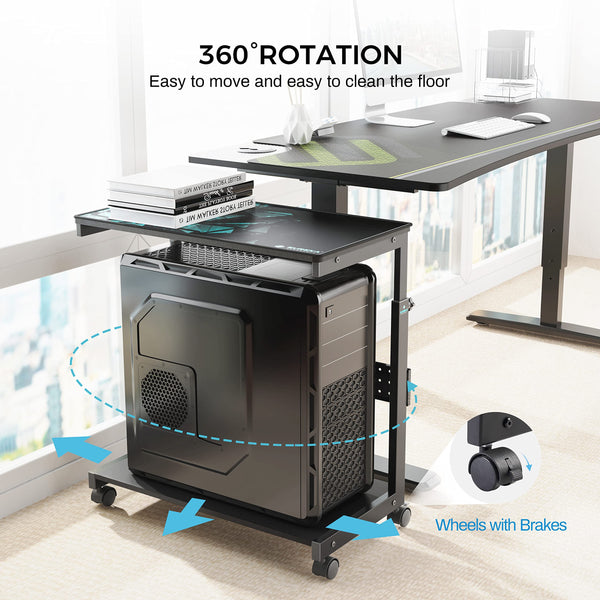 EUREKA ERGONOMIC PC Stand Adjustable Computer Tower with Large Mouse Mat, PC Tower Stand for Pinter, pc Trolley on Lockable Castor Wheels Sturdy, for Gaming Desk Computer Accessories, Black