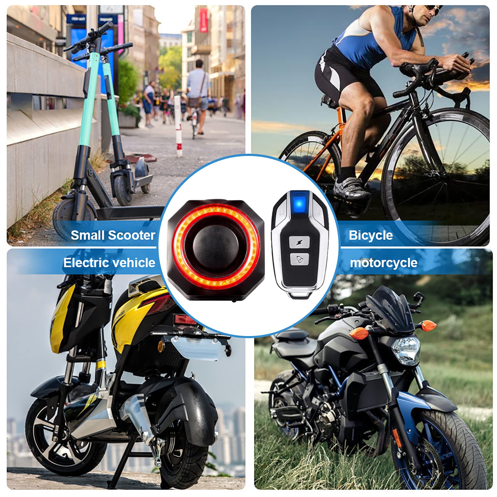 2 X Anti-Theft Bike Alarm with Remote, Waterproof Bicycle Vibration Alarm with Tail Light Brake Light for e-Bike Motorbike Electric Tricycle Scooter Motorcycle, Super Loud 110dB, 7 Level Sensitivity