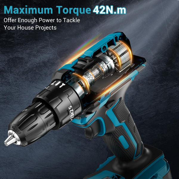 MHPRO Cordless Drill, Power Drill Brushless 21V, Cordless HammerDrill with 2 Batteries 2000mAh, 20+3 Torque, 45N.m Max DrillSet, LED Light, 2 Speed, 14PCS Accessories for Home and Garden DIY Project