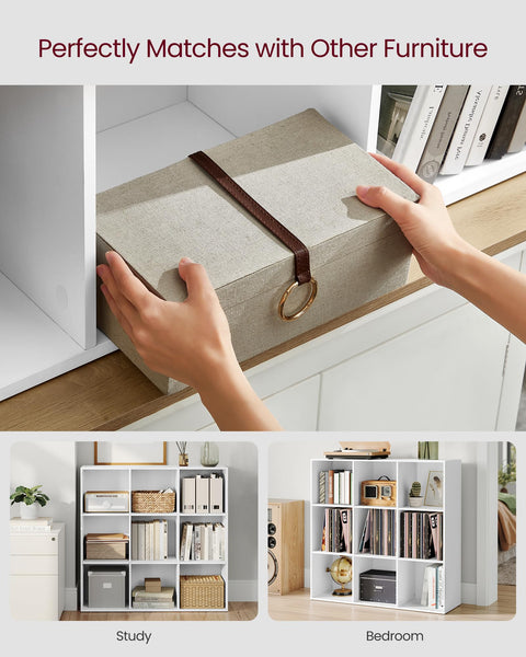 VASAGLE Bookcase, Bookshelf, Storage Shelf with 9 Compartments, Standing Shelf, Cube Shelf, for Living Room, Home Office, Dinning Room, Cloud White