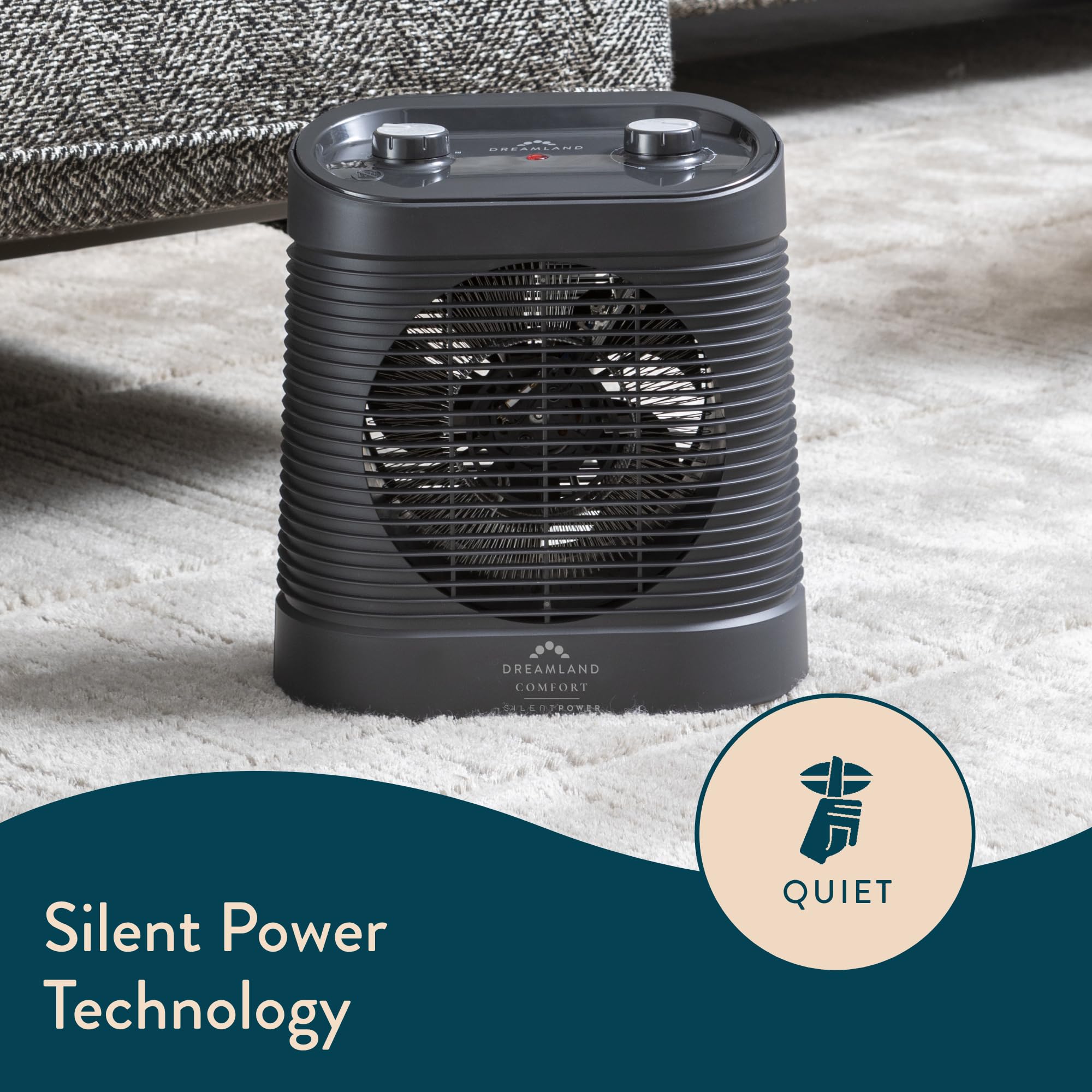 Dreamland Silent Power Pure Portable Fan Heater - Low Energy for Home Use, Quick Heat Up with 4 Heating Modes, Silent Space Heater, Energy Efficient Ionizer and Air-Purifying Heating Technology