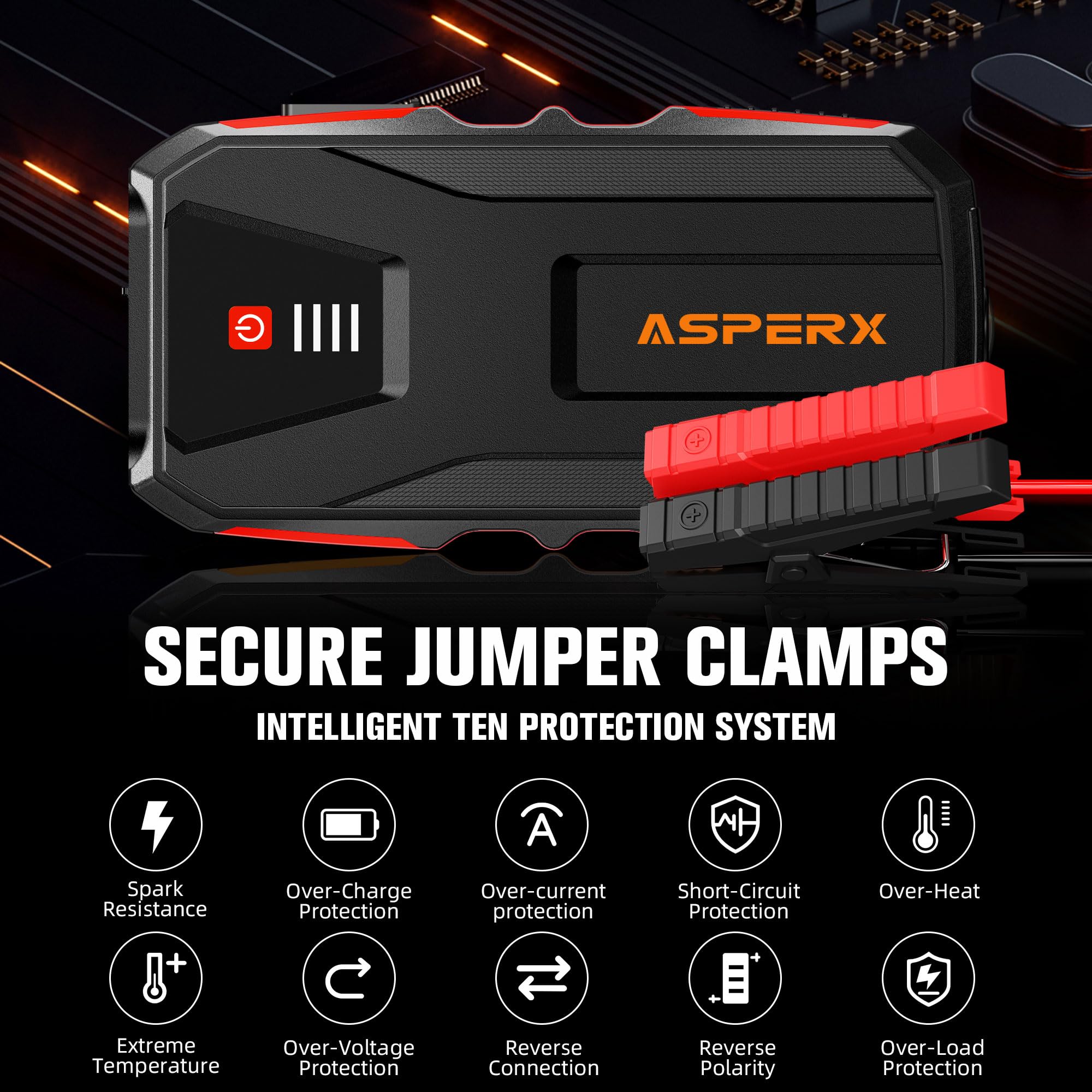 ASPERX Jump Starter Power Pack(Up to 10L Gas/8L Diesel), 3000A Car Battery Booster Jump Starter with LED Flashlight, Jump Leads and LCD Display, Jump Pack for 12V Vehicles, Pickup, SUV, Motorcycle