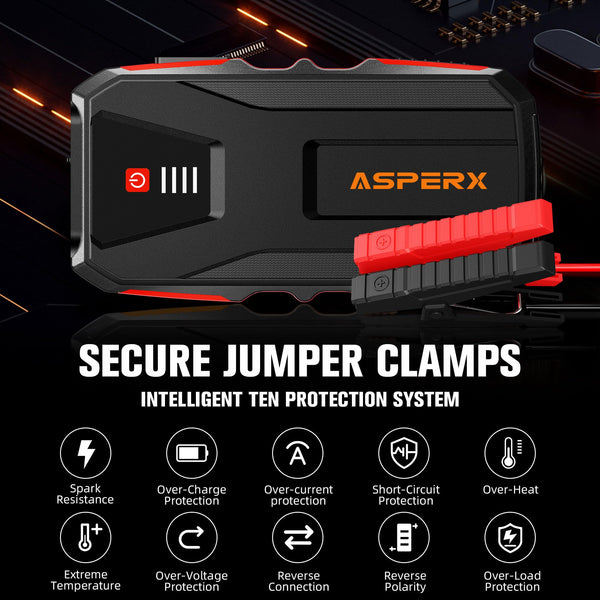 ASPERX Jump Starter Power Pack(Up to 10L Gas/8L Diesel), 3000A Car Battery Booster Jump Starter with LED Flashlight, Jump Leads and LCD Display, Jump Pack for 12V Vehicles, Pickup, SUV, Motorcycle