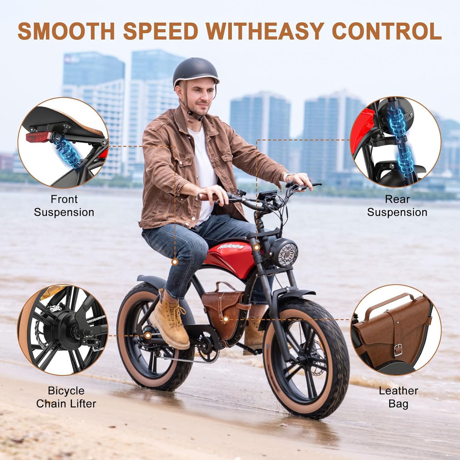 Hidoes B10 Ebikes for Adults,13Ah Battery 70Km Range,Fat Tire Electric Bike for Adults Up to 25Km/h, 60N·M Motor Electric Bicycle Retro E Bike,with Leather Bags,20" All-Terrain Tires