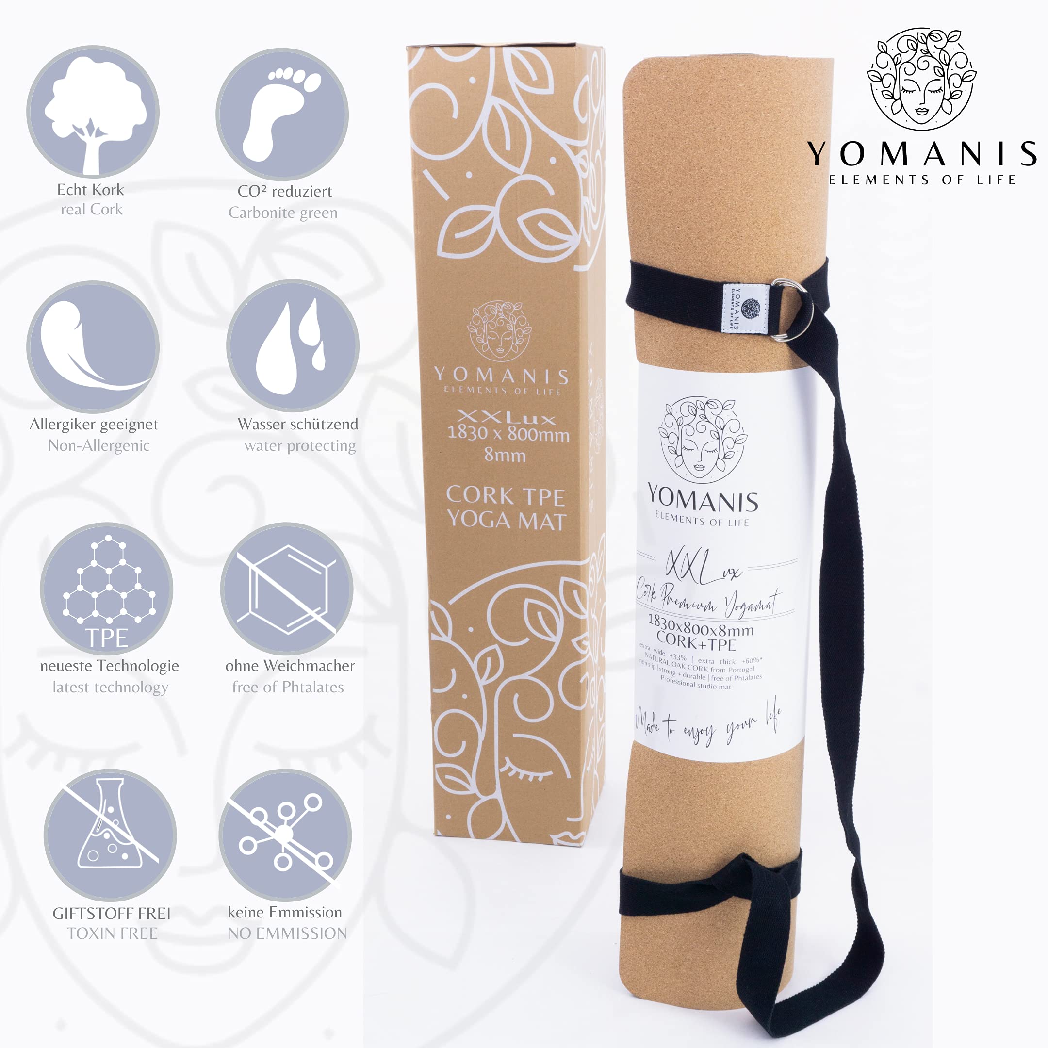 YOMANIS XXLux Cork Yoga Mat Extra 80 cm Wide + 8 mm Thick Non-Slip Good Grip Cork Workout Premium Mat + Cotton Yoga Strap Can also be Used as a Carry
