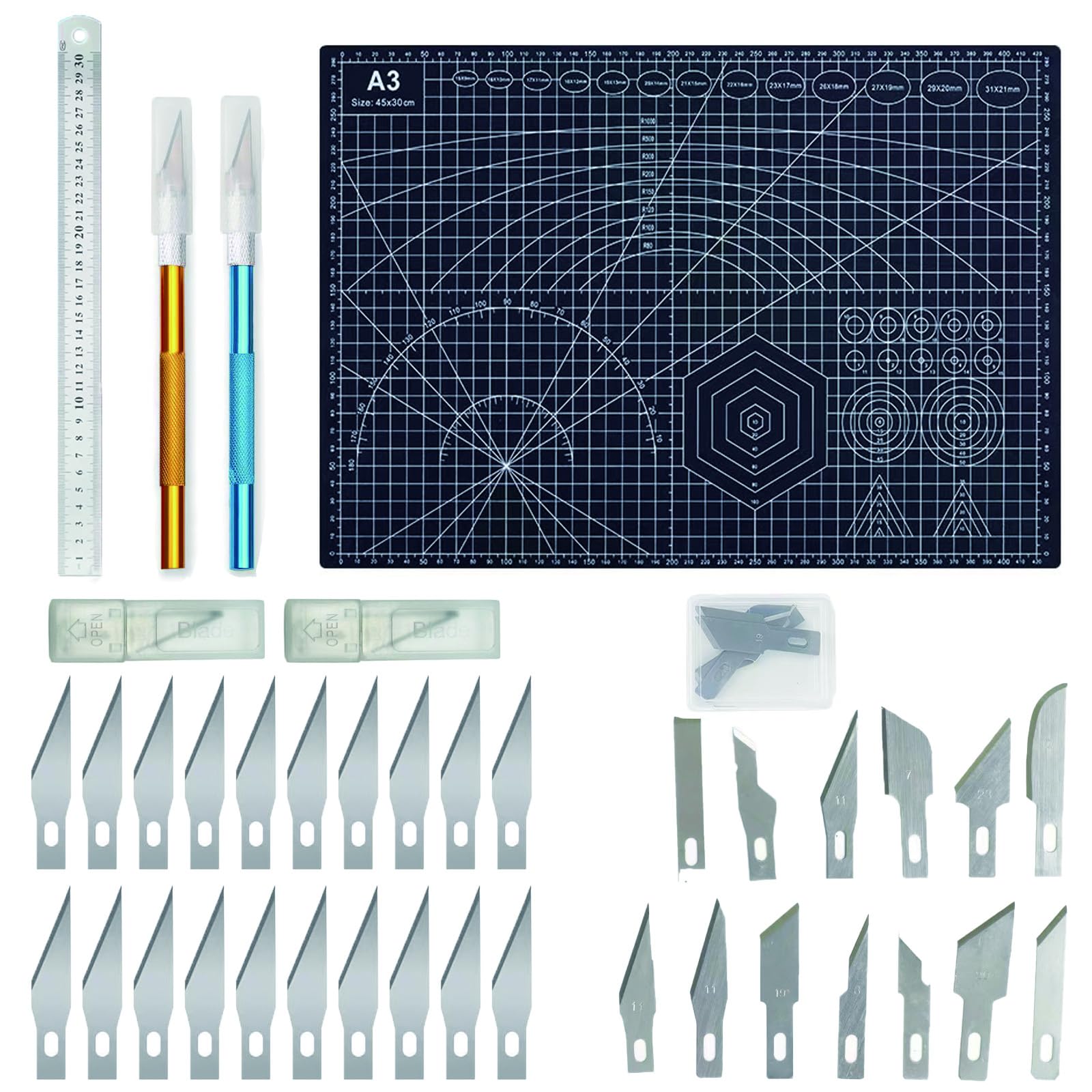 A3 Cutting Mat Set with Steel Ruler,Double Sided Self Healing Craft Mat for Sewing Carving Crafts Fabric Quilting (Black)