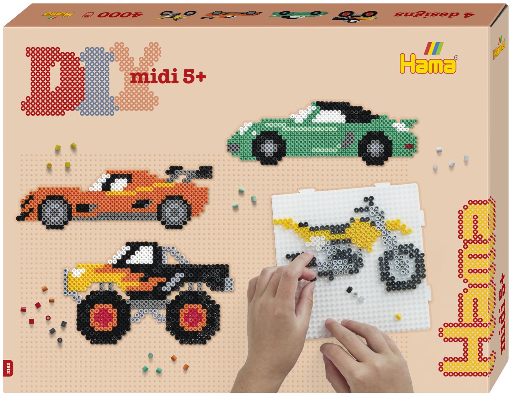 Hama Gift Box - Vehicles | Approx. 4.000 Beads, 2 Large Square pegboards No. 234, Colour Printed Design Sheet, Instructions and Ironing Paper