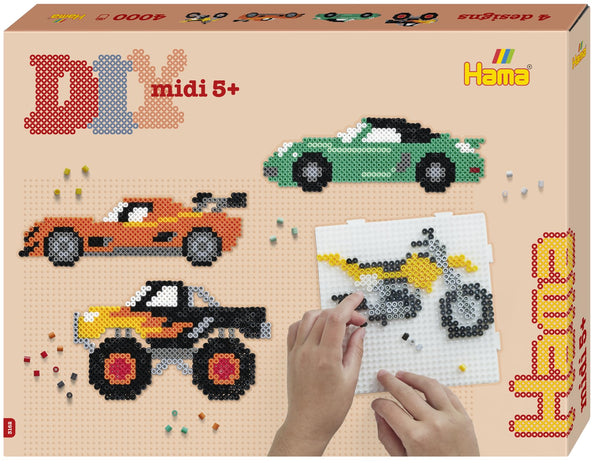 Hama Gift Box - Vehicles | Approx. 4.000 Beads, 2 Large Square pegboards No. 234, Colour Printed Design Sheet, Instructions and Ironing Paper