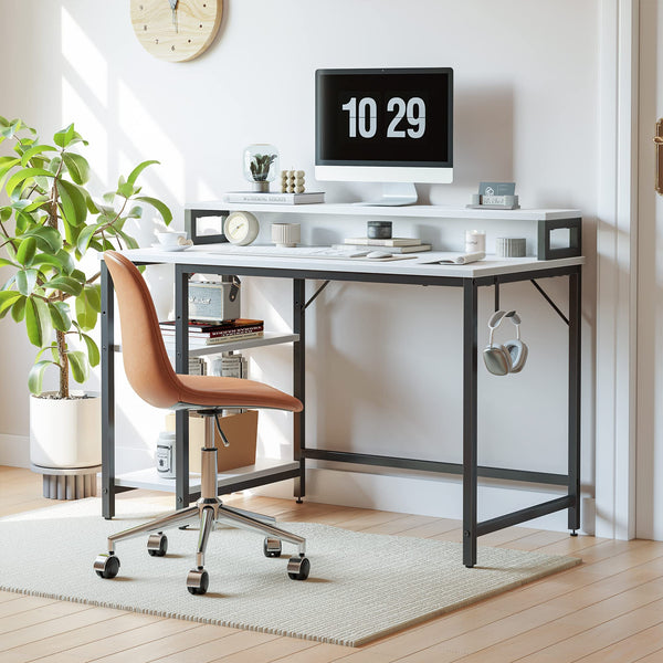 CubiCubi Computer Desk with Monitor Stand and Storage Shelves, 120cm Home Office Desk Study Writing Table, White