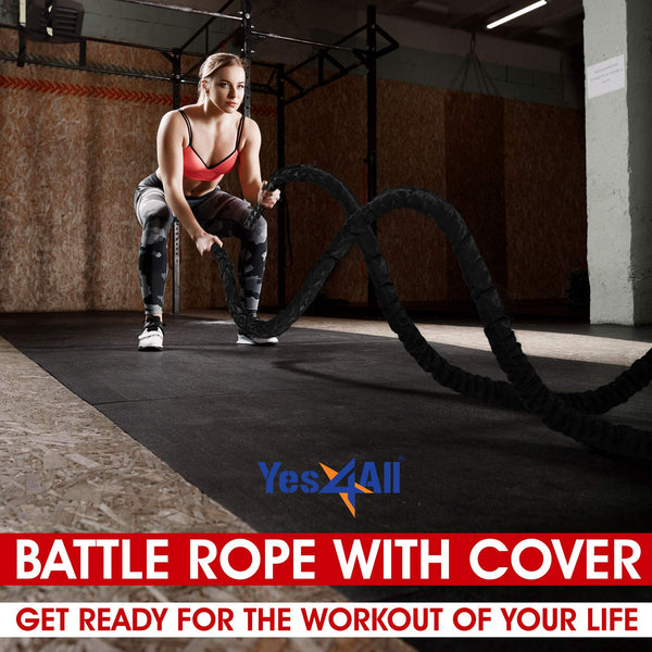 Yes4All Battle Exercise Training Rope with Protective Cover ? Steel Anchor & Strap Included Black, 50mm - 15m