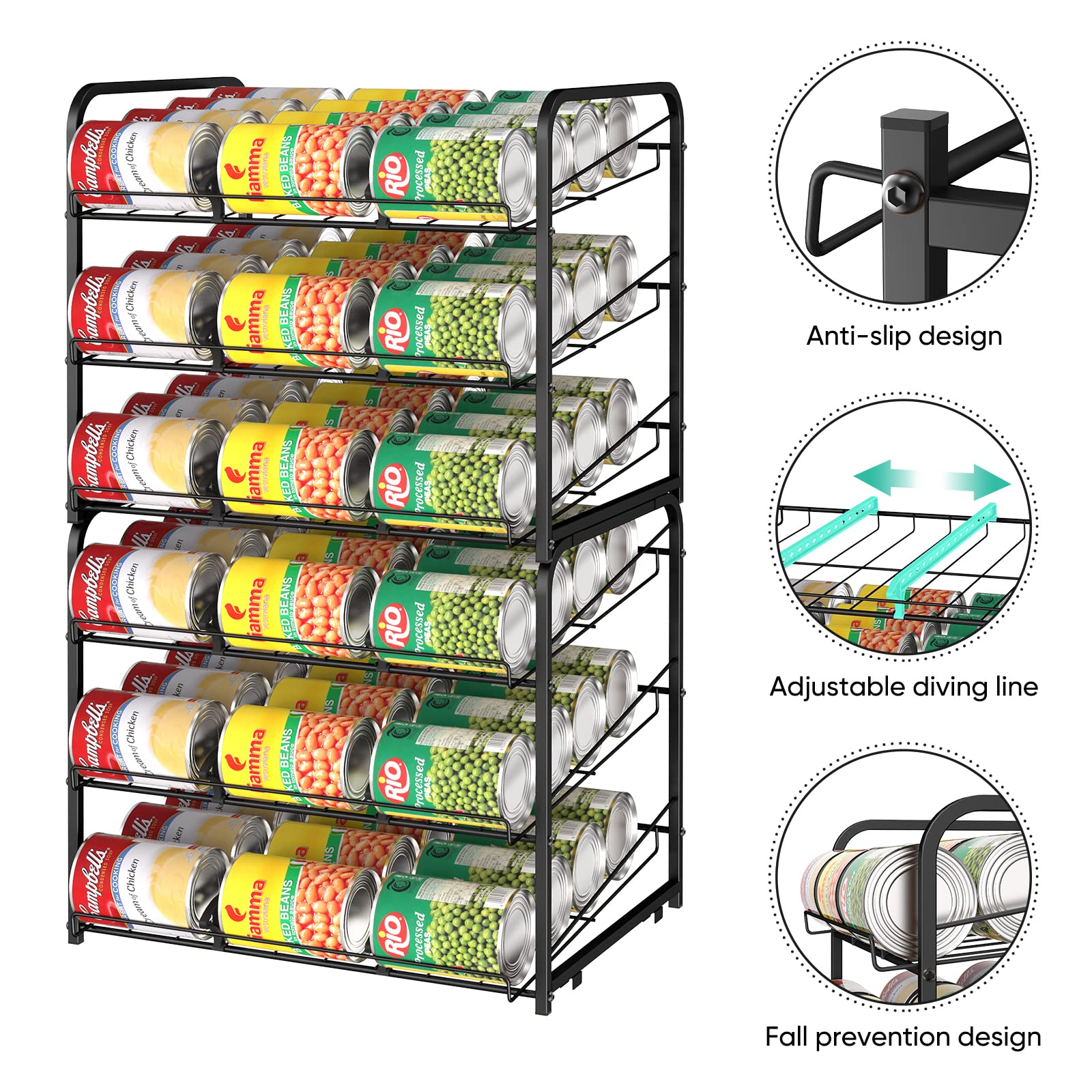 Stackable Can Rack Organizer, 2 Pack Can Dispenser - 3 Tier Storage for 72 Cans, Kitchen Cabinet Pantry Countertop - Black