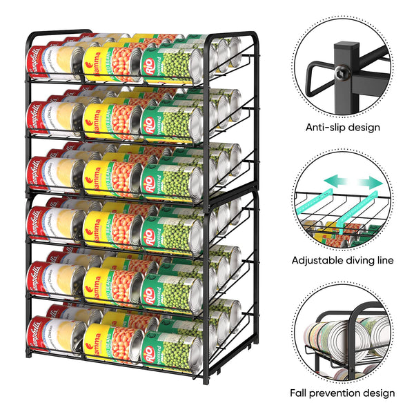 Stackable Can Rack Organizer, 2 Pack Can Dispenser - 3 Tier Storage for 72 Cans, Kitchen Cabinet Pantry Countertop - Black