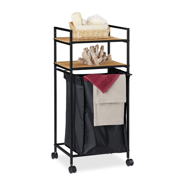 Relaxdays Rolling Bathroom Shelf, 2 Tiers, Rack with Laundry Hamper, Metal, Bamboo, HWD: 89.5x39x32.5 cm, Black/Natural