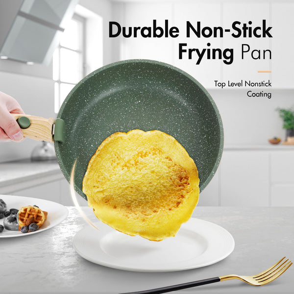 Kitchen Academy Non Stick Cookware Set, 10 Piece Granite-Coated Induction Pots and Pans Set with Detachable Handle, Stackable RV Cooking Set for