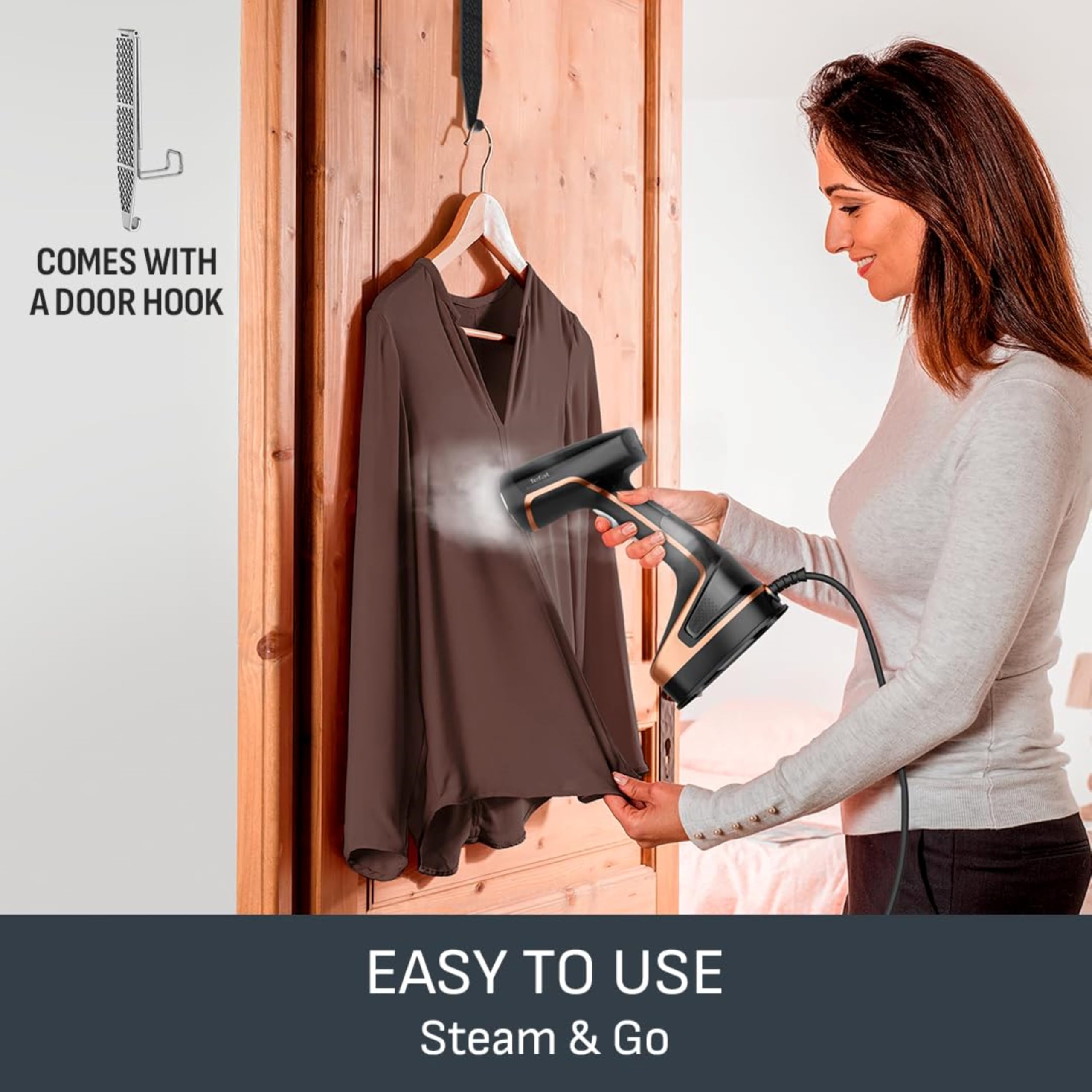 Tefal Access Steam+ Handheld Clothes Steamer, 1600W, 26 g/min Steam, No Ironing Board Needed, 2 Steam Levels, Sanitising Steam, Black & Rose Gold, DT8103