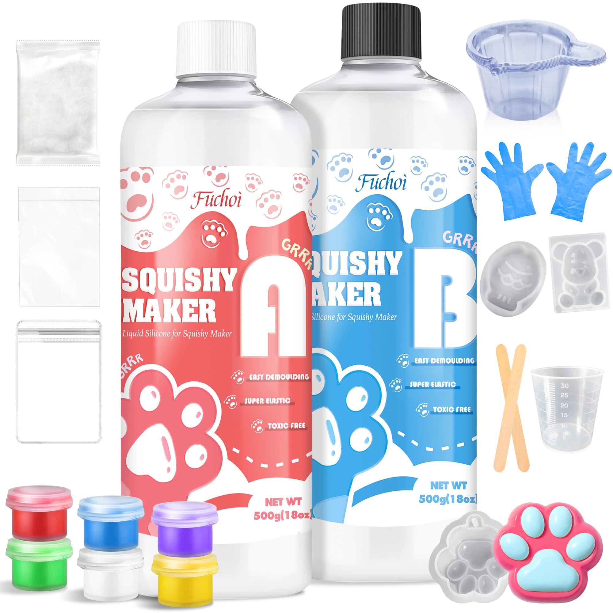 Silicone Gel for Taba Squishy Kit - 1000g Super Soft Silicone Rubber Squishy Maker, Fast Cure DIY Squishy Making Kits with Cat Paw, Taiyaki, Bear