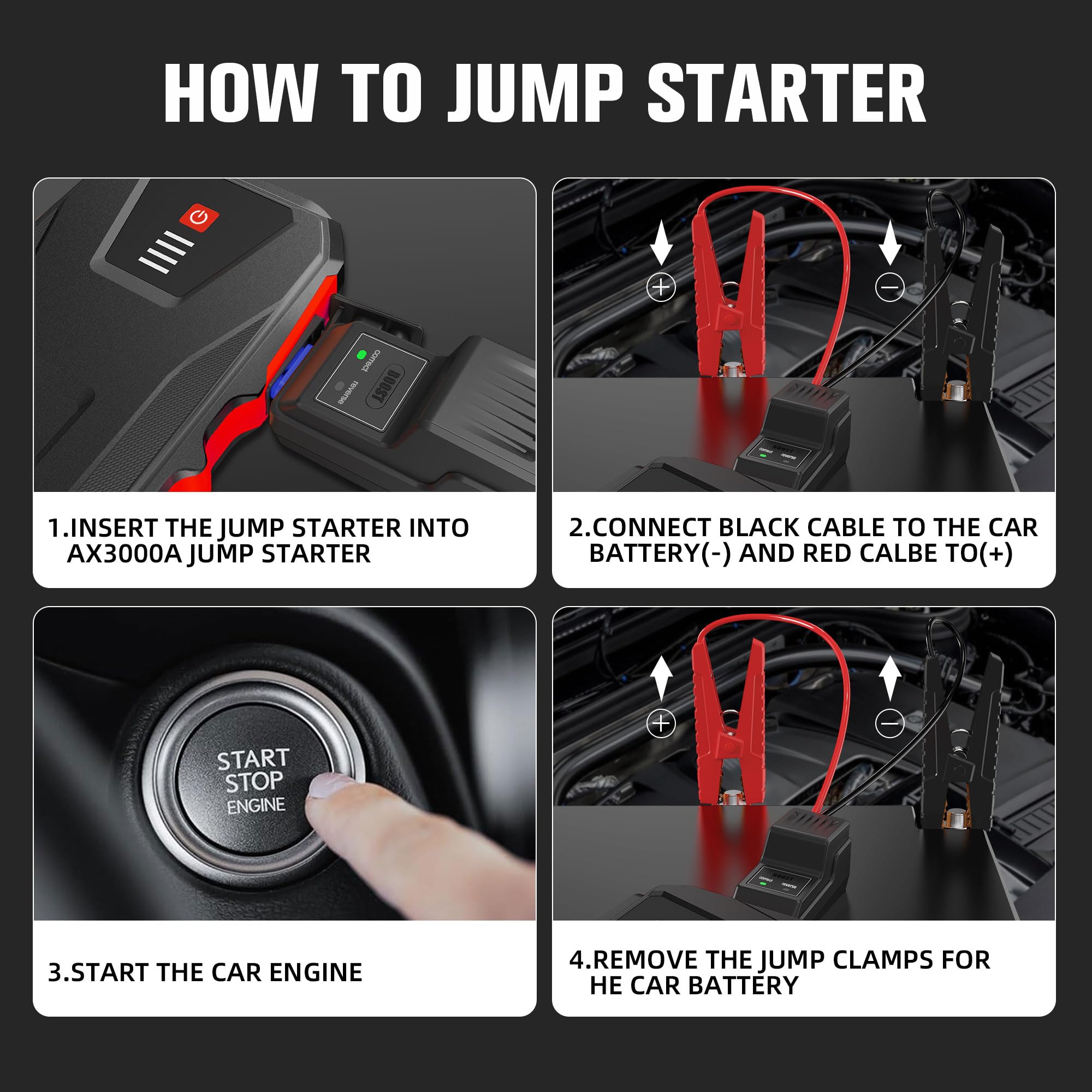 ASPERX Jump Starter Power Pack(Up to 10L Gas/8L Diesel), 3000A Car Battery Booster Jump Starter with LED Flashlight, Jump Leads and LCD Display, Jump Pack for 12V Vehicles, Pickup, SUV, Motorcycle