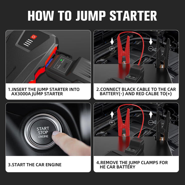ASPERX Jump Starter Power Pack(Up to 10L Gas/8L Diesel), 3000A Car Battery Booster Jump Starter with LED Flashlight, Jump Leads and LCD Display, Jump Pack for 12V Vehicles, Pickup, SUV, Motorcycle