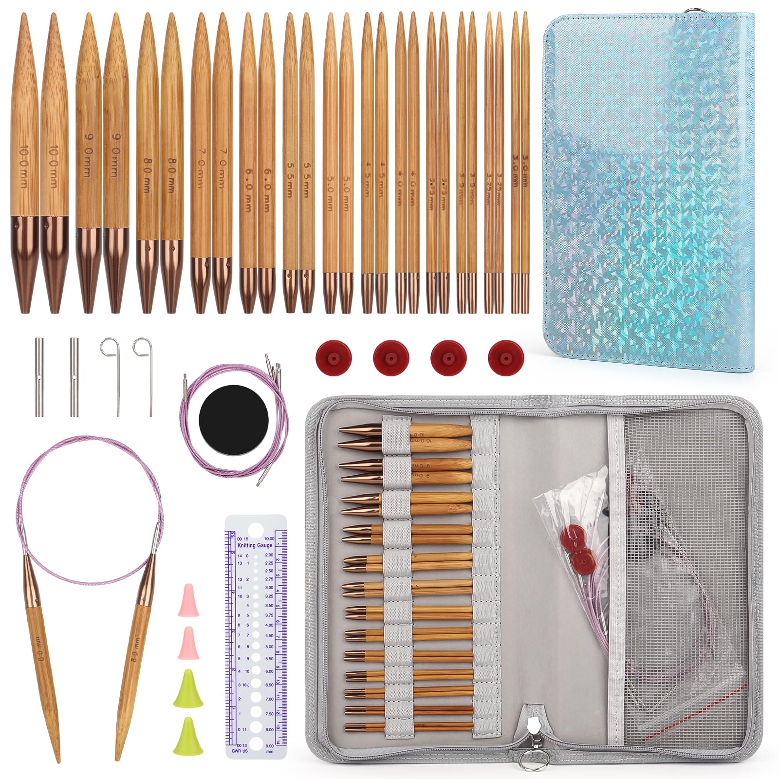 Aeelike Circular Knitting Needles Set, Bamboo Interchangeable Circular Knitting Needles Set with Case & Accessories, 13 Pairs of 10cm Round Needles