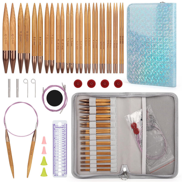 Aeelike Circular Knitting Needles Set, Bamboo Interchangeable Circular Knitting Needles Set with Case & Accessories, 13 Pairs of 10cm Round Needles
