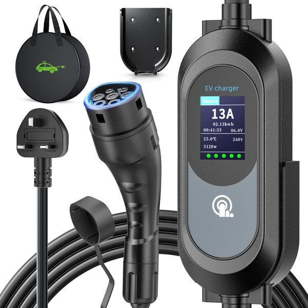 EV Charger Cable Type 2 to 3 Pin Plug 8M/26.25Ft, Max 3.1kW [6-13A] Electric Car Charger, Portable Car Type 2 Charging Cable 3 Pin with 2.4″ LED Screen, 12H Timing Delay, IP67/IP65 for EVs & PHEVs