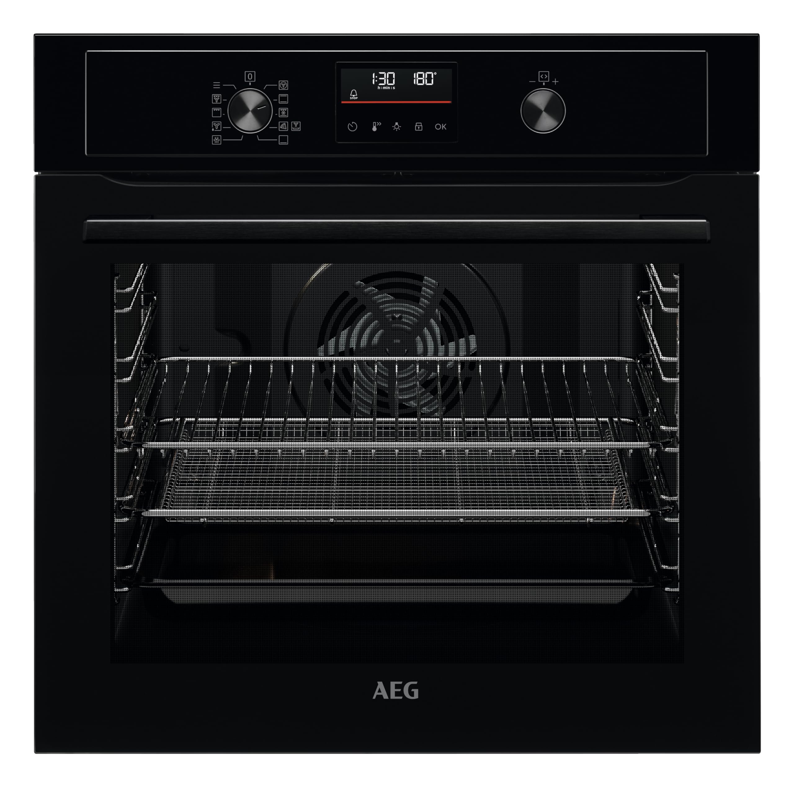 AEG 3000 Series Surroundcook Integrated Oven BEX335011B, 72L Multilevel Cooking, Turbo Grill, Defrost, Led Display, XL Baking Tray, Aqua Clean, Built-in Oven 590x560x550mm, Class A+++ Black
