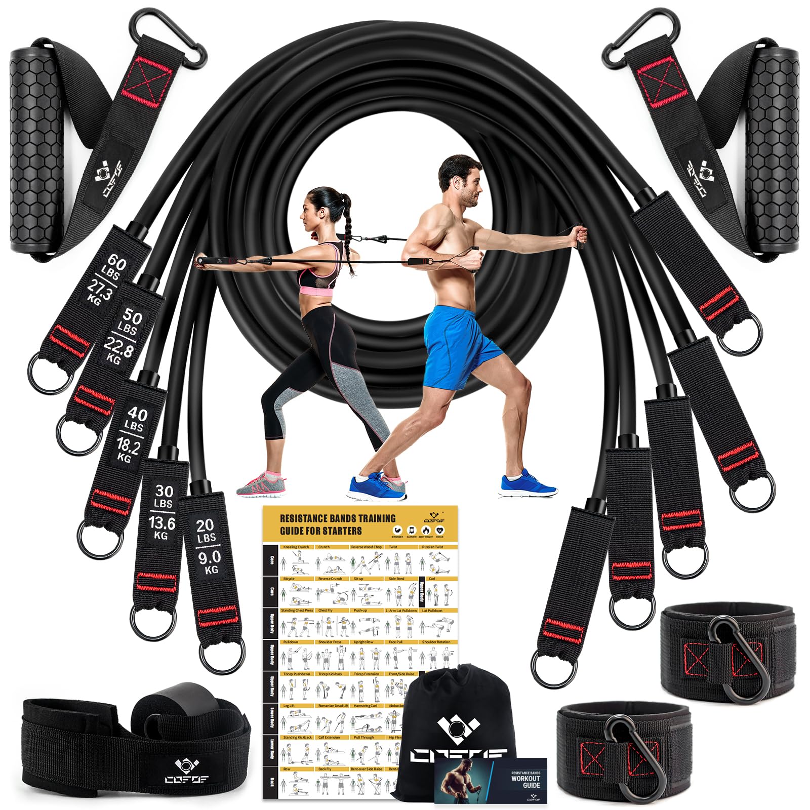 COFOF Resistance Bands Set with Handles, Exercise Bands Stackable up to 150lbs, Gym Bands with Workout Poster & Door Anchor & Ankle Straps for