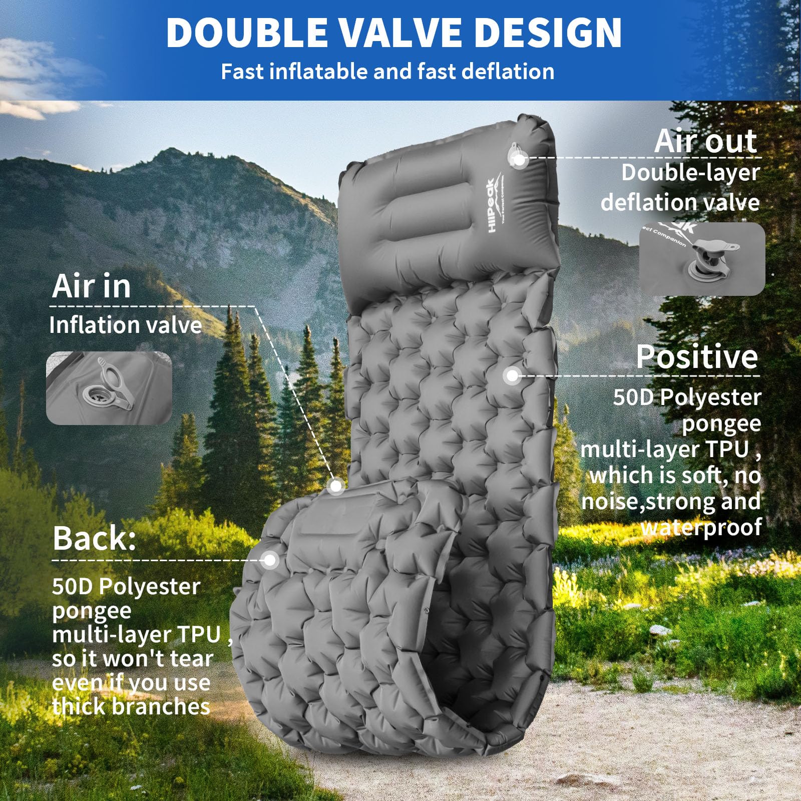 HiiPeak Camping Sleeping Pad, Ultralight Camping Mat with Pillow Built-in Foot Pump Inflatable Sleeping Pads Compact for Backpacking Hiking Traveling Tent (Gray)