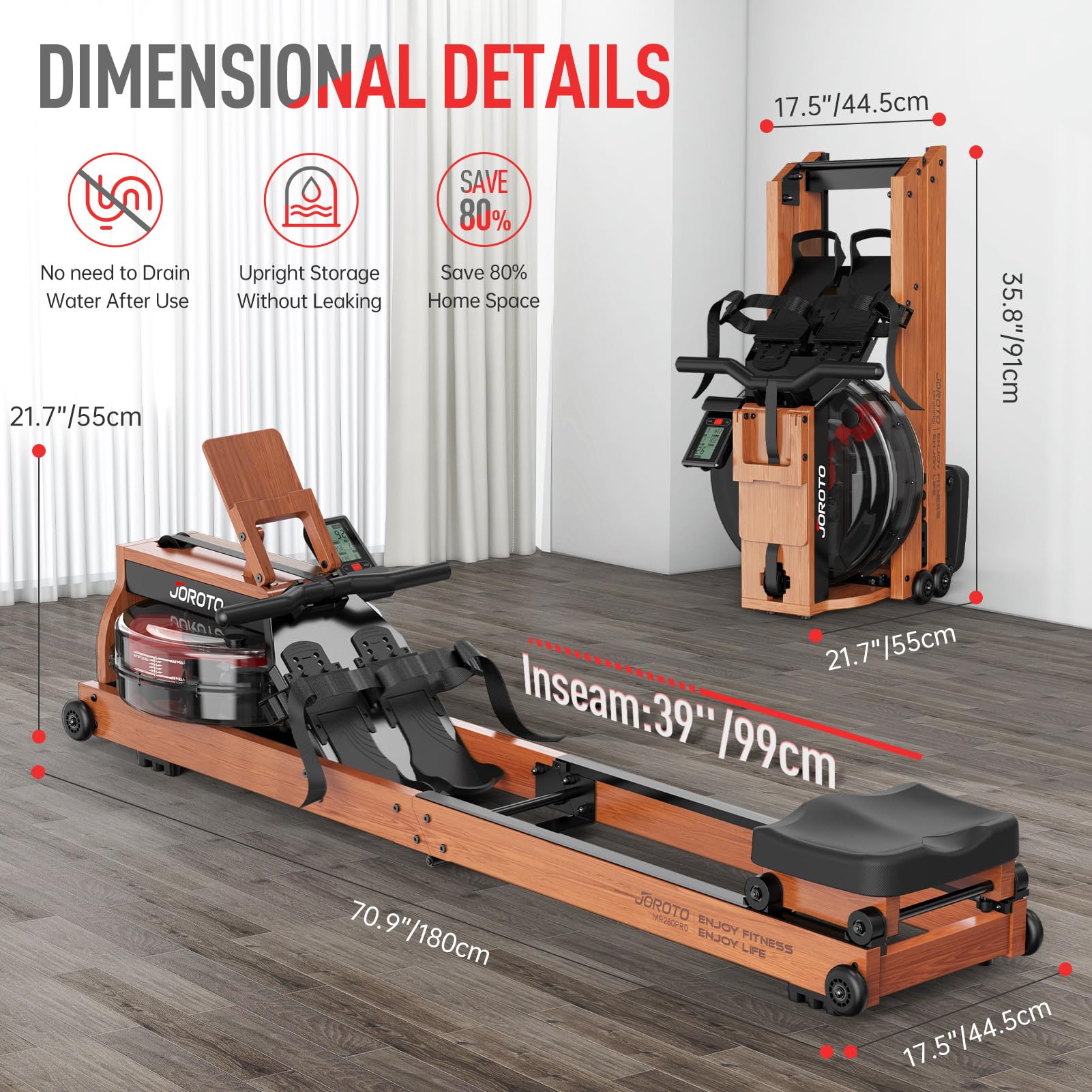 JOROTO Wood Rowing Machine for Home Gym,Oak Wood Foldable Rower Machine with Bluetooth, Adjustable Tablet Holder - 330LS Weight Capacity