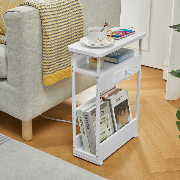 YEAKOO Narrow Side Table with Storage Shelf, 3 Tier Slim End Table Sofa Table for Narrow & Small Spaces, Bedside Table Small Nightstand with Magazine