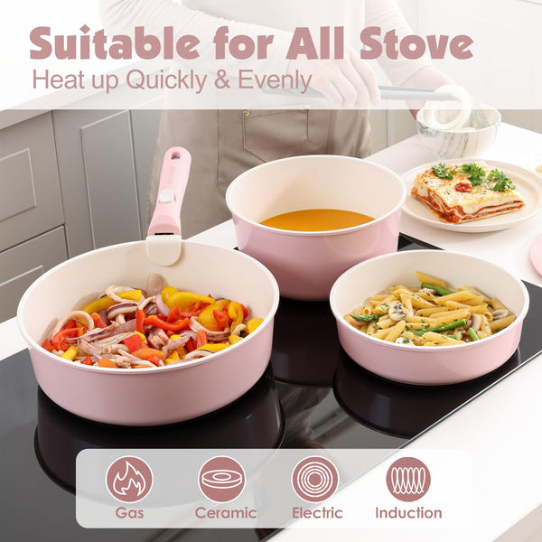 SENSARTE 17 Piece Pots and Pans Set, Nonstick Detachable Handle Cookware, Induction Kitchen Cookware Set with Removable Handle, Healthy Non Stick RV Cookware, Oven Safe (Black)