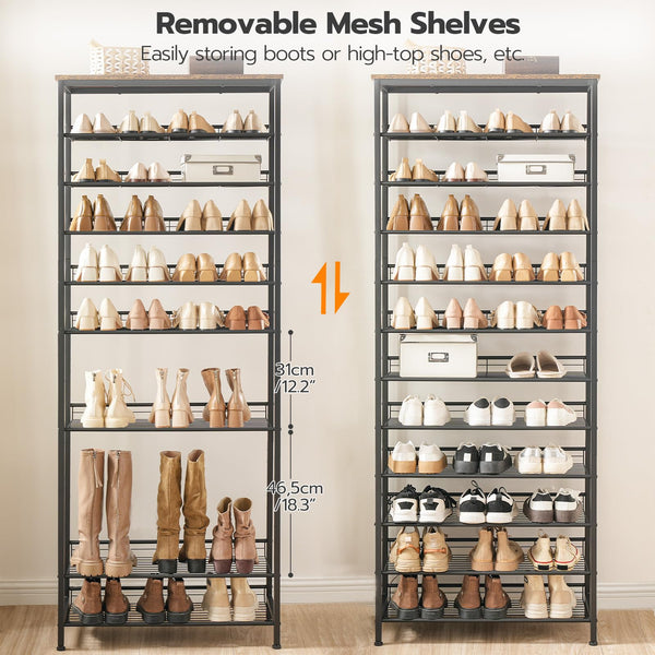 HOOBRO Shoe Rack Tall, Large Capacity Shoe Storage Organizer, 12-Tier Shoe Rack for 44-55 Pairs of Shoes, 75 x 28.5 x 194.5cm, Adjustable Metal