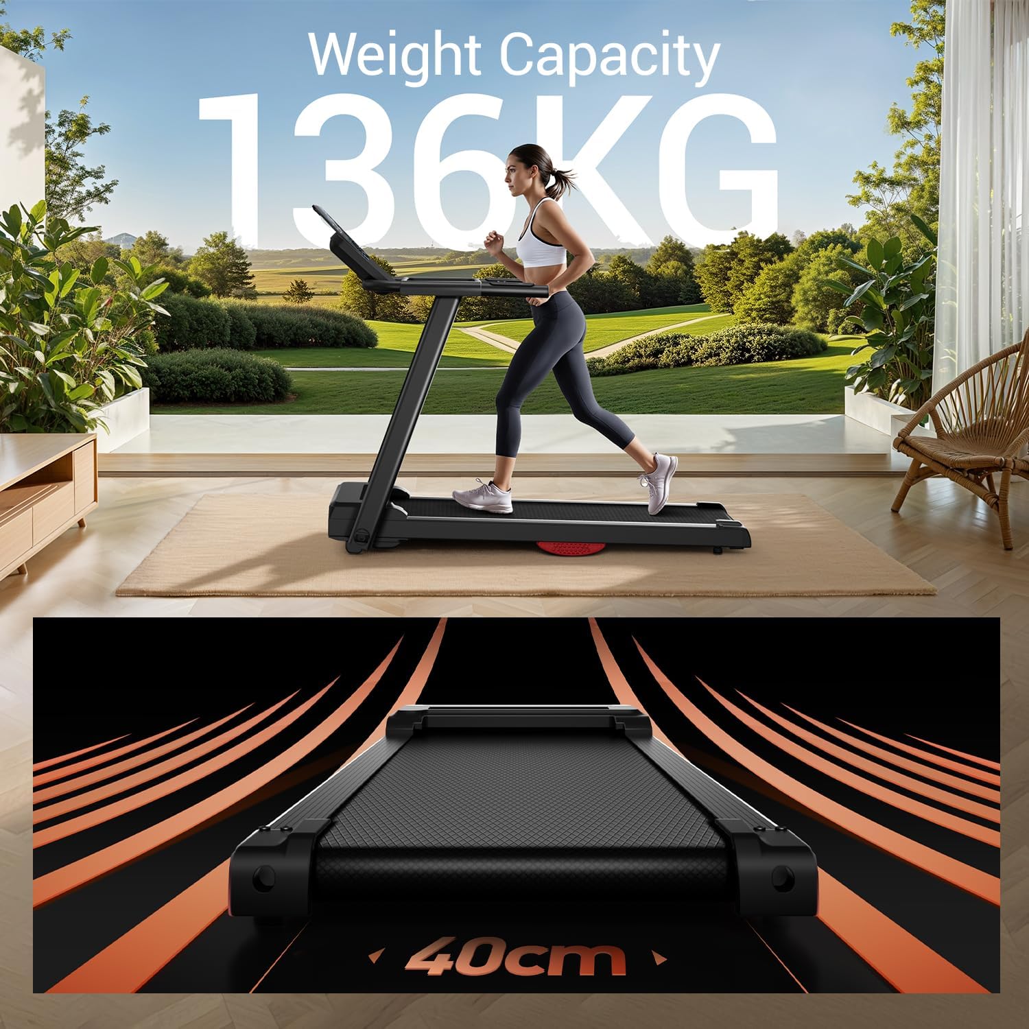 Treadmills for Home, 3.0HP Quiet Brushless Folding Treadmill with Heart Rate Sensor, Dual Cushion System, 300lbs Weight Capacity, Holder for Cup & Phone