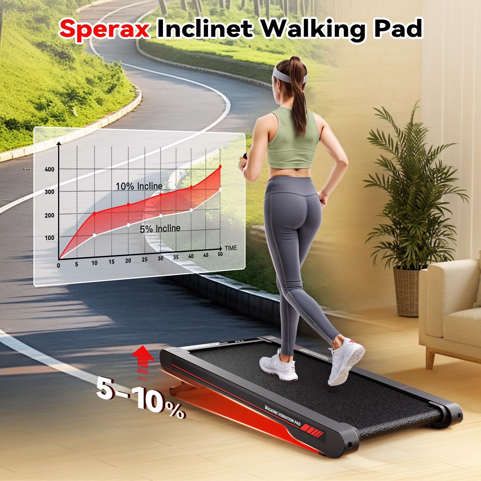 Sperax 4 in 1 Vibration Walking Pad, Portable Under Desk Treadmill, with Vibration Mode & APP Remote, Black RM02 with 5% and 10% Incline